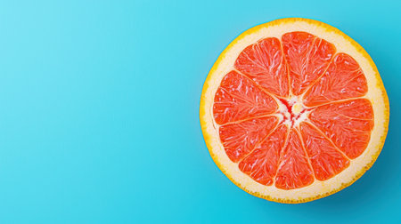 A vibrant, sliced grapefruit sits against a turquoise background, showcasing its juicy, pink interior and fresh appeal.の素材