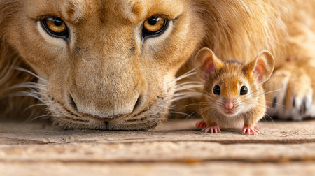 A lion and a mouse face each other closely, showcasing a striking contrast between their sizes and expressions in a captivating moment of nature.の素材