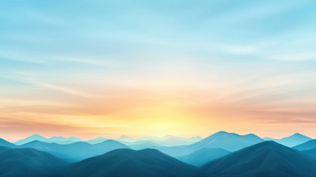 A serene landscape featuring layered mountains under a softly lit sky, transitioning from blue to warm hues at sunrise.の素材