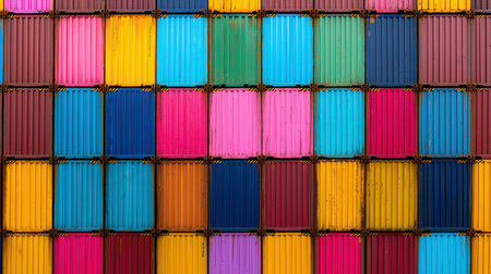 A vibrant array of colorful shipping containers arranged in a grid pattern, showcasing bold hues of blue, pink, yellow, and green.の素材