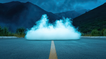 A mysterious fog envelops a deserted road, creating an eerie atmosphere amidst mountainous scenery under a moody sky.の素材