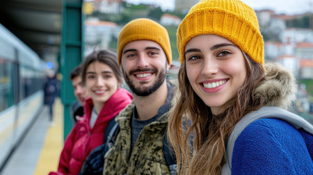 A group of four smiling friends at a train station, wearing colorful hats, enjoying their time together.の素材
