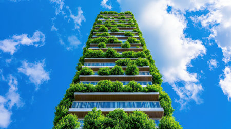 A modern skyscraper with lush greenery adorning its facade, reaching toward a bright blue sky dotted with fluffy clouds.の素材