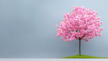 A vibrant cherry blossom tree stands against a soft gray background, showcasing beautiful pink flowers and a lush green base.の素材