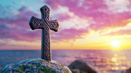 A weathered cross stands on a rock by the sea, illuminated by a vibrant sunset, symbolizing faith and reflection.の素材