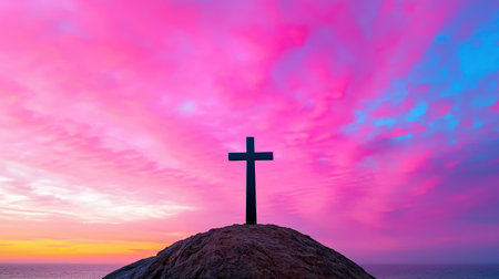 A silhouette of a cross stands atop a rocky hill against a vibrant pink and purple sunset sky, symbolizing hope and spirituality.の素材
