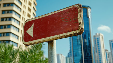 A weathered directional sign points left against a backdrop of modern skyscrapers and palm trees, blending urban and natural elements.の素材