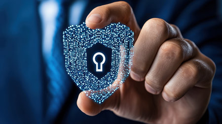 A person holds a digital shield symbolizing cybersecurity, featuring a lock icon, representing protection and data security.の素材