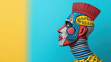 A vibrantly painted profile of a person against a colorful background, showcasing intricate patterns and bold colors on their face and attire.の素材