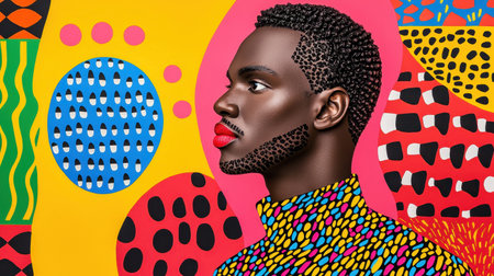 A striking portrait of a man against a vibrant, abstract background featuring colorful patterns and shapes.の素材