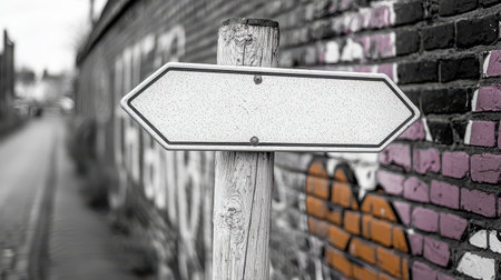 A blank wooden signpost stands against a graffiti-covered brick wall, surrounded by a monochrome atmosphere, inviting curiosity about directions.の素材