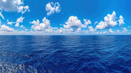 A vast, serene ocean view under a bright blue sky, dotted with fluffy clouds, creating a peaceful and tranquil atmosphere.の素材