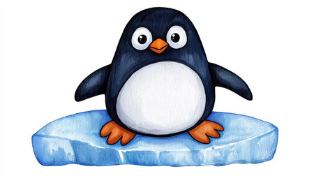 A cute cartoon penguin stands on a small ice floe, featuring a black body, white belly, and cheerful expression, set against a plain white background.の素材
