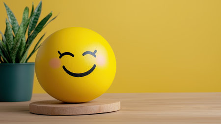 A cheerful yellow smiley ball sits on a wooden base next to a green plant, against a bright yellow background, creating a vibrant and joyful atmosphere.の素材