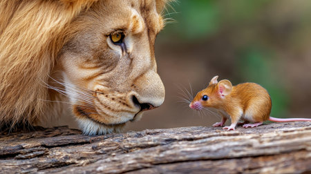 A lion and a mouse share a moment, showcasing an unexpected and intriguing interaction between predator and prey in a natural setting.の素材