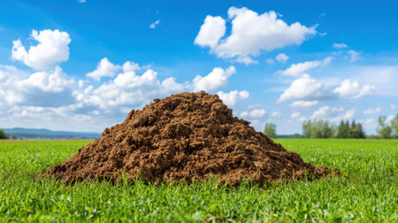 A large mound of manure sits on vibrant green grass under a bright blue sky with fluffy white clouds.の素材