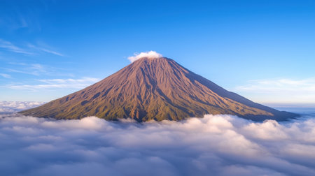 A majestic volcano rises above a sea of clouds under a clear blue sky, showcasing its rugged slopes and a gentle cover of mist.の素材