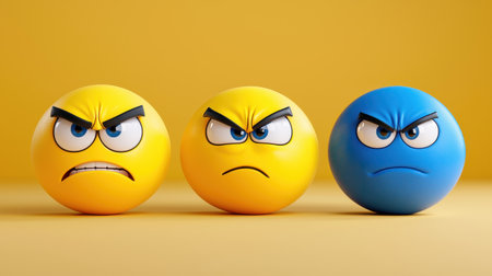 Three colorful balls with angry expressions, featuring yellow and blue tones, against a bright yellow background.の素材