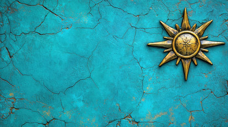 A vintage gold compass rose rests on a cracked turquoise background, creating a striking contrast and a sense of adventure.の素材