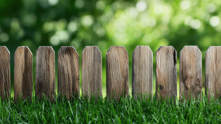 A rustic wooden fence with pointed tops stands out against a lush green grass background, evoking a serene outdoor atmosphere.の素材