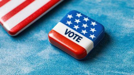 A vibrant image featuring a "Vote" button adorned with the American flag, emphasizing civic engagement and the importance of voting.の素材