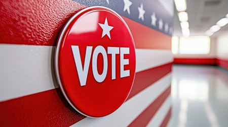 A red "VOTE" button is prominently displayed on a wall featuring a patriotic design of red, white, and blue stripes and stars.の素材