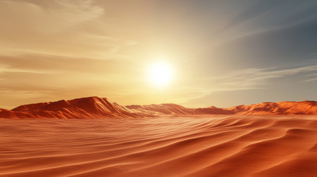 A serene desert landscape at sunset, featuring soft sand dunes bathed in golden light, creating a tranquil and beautiful atmosphere.の素材