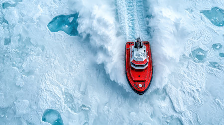A powerful icebreaker ship navigates through icy waters, creating waves while breaking the ice in a stunning aerial view.の素材