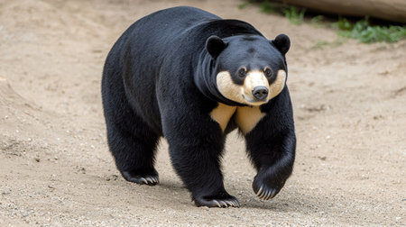 A black bear walks gracefully across sandy ground, showcasing its distinctive coloration and strong physique.の素材