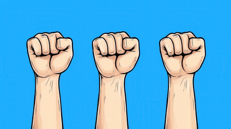 Three raised fists symbolize unity, strength, and resistance against oppression, set against a bright blue background.の素材
