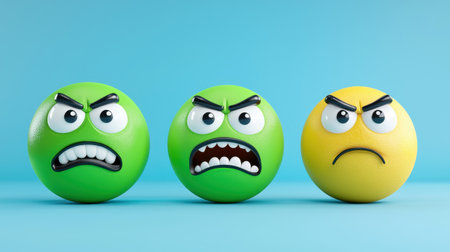 Three cartoonish balls express various angry emotions, with exaggerated eyebrows and frowns, set against a light blue background.の素材