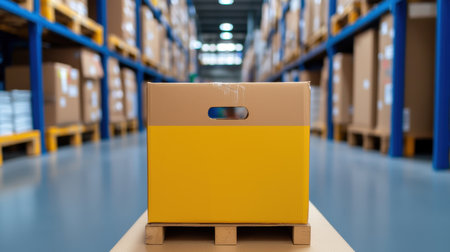 A focused yellow box on a pallet in a spacious warehouse filled with shelves of boxes.の素材