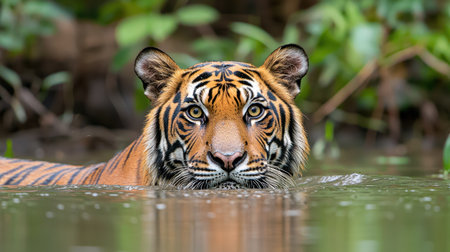 A majestic tiger gazes intensely from the water, surrounded by lush greenery, showcasing its striking orange and black stripes.の素材