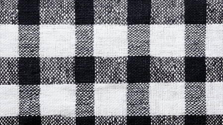 A close-up view of a black and white checkered fabric pattern, featuring alternating squares in a classic plaid design.の素材