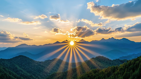 A breathtaking sunrise illuminates the mountain landscape, with rays of light spreading across the sky and clouds, creating a serene and vibrant atmosphere.の素材