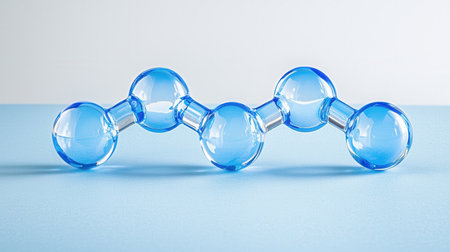 A blue molecular structure displayed on a light background, symbolizing scientific concepts related to chemistry and molecular biology.の素材