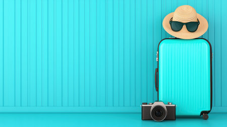 A bright turquoise background features a suitcase, a straw hat, sunglasses, and a camera, evoking a travel or vacation theme.の素材