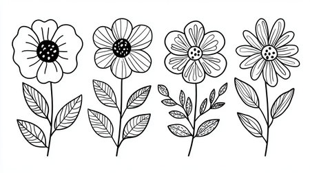 A collection of four hand-drawn flowers with distinct shapes and patterns, showcasing various leaves and floral designs in black and white.の素材