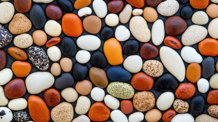 A colorful array of smooth pebbles in various shapes and sizes, showcasing earthy tones and textures, perfect for decorative or landscaping purposes.の素材