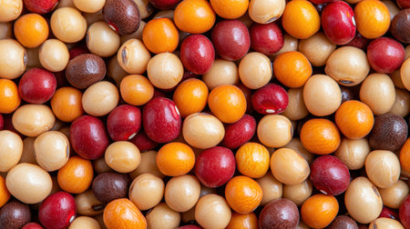 A vibrant mix of colorful, round seeds displayed closely together, showcasing a variety of warm hues including red, orange, and beige.の素材