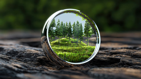 A crystal orb reflects a vibrant forest landscape, highlighting lush greenery and trees, creating a magical view of nature's beauty.の素材