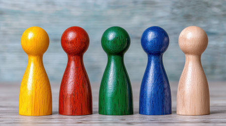 Colorful wooden game pieces arranged in a line, showcasing a vibrant display of yellow, red, green, blue, and natural wood tones against a textured background.の素材