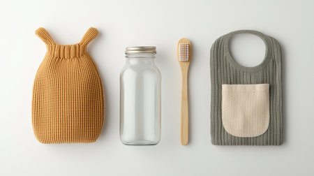 A cozy kitchen arrangement featuring a knitted bottle holder, a glass jar, a wooden spoon, and a knitted apron, emphasizing eco-friendly and homey vibes.の素材