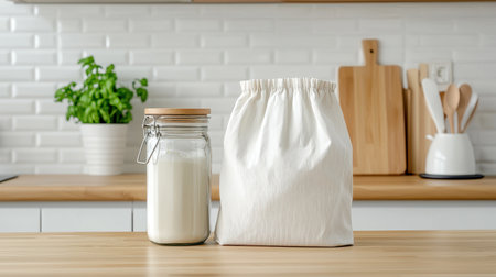 A cozy kitchen scene featuring a glass jar of milk and a cloth bag, highlighting simplicity and natural ingredients.の素材