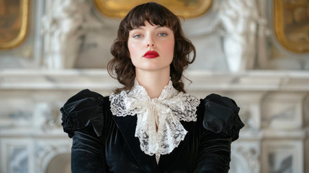 A striking portrait of a woman in a vintage black dress with a lace collar, set against an ornate background, exuding elegance and confidence.の素材