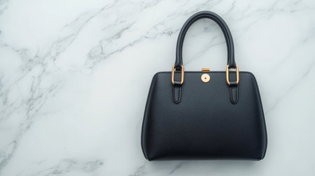 A stylish black handbag with a textured finish and gold accents, placed on a white marble surface.の素材