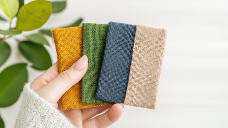 A hand holds four textured fabric swatches in earthy tones with a green plant in the background, showcasing a cozy, creative aesthetic.の素材