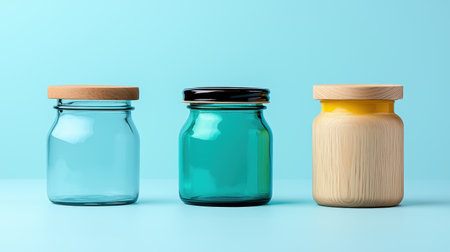 Three glass jars with wooden and black lids on a light blue background, showcasing different shapes and colors for storage or decoration.の素材