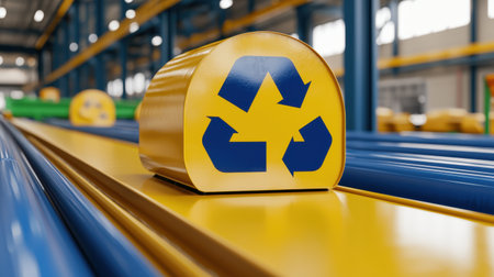 A brightly colored recycling symbol sits on a yellow conveyor belt in a modern facility, emphasizing sustainability and waste management.の素材