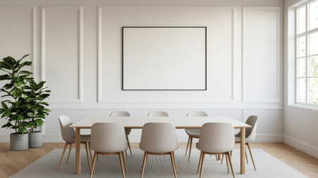 A modern, minimalist conference room featuring a large blank wall, a wooden table, six chairs, and a potted plant, creating a bright and inviting atmosphere.の素材